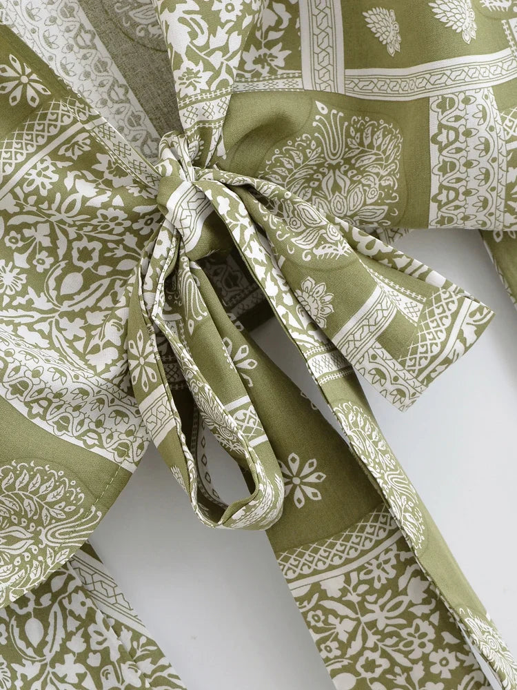 Sage Serenade Boho Floral Print Long Sleeve Crop Top