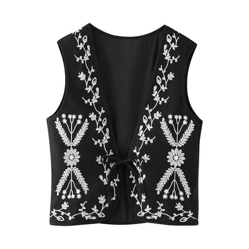 Midnight Bloom Boho Floral Embroidered Vest