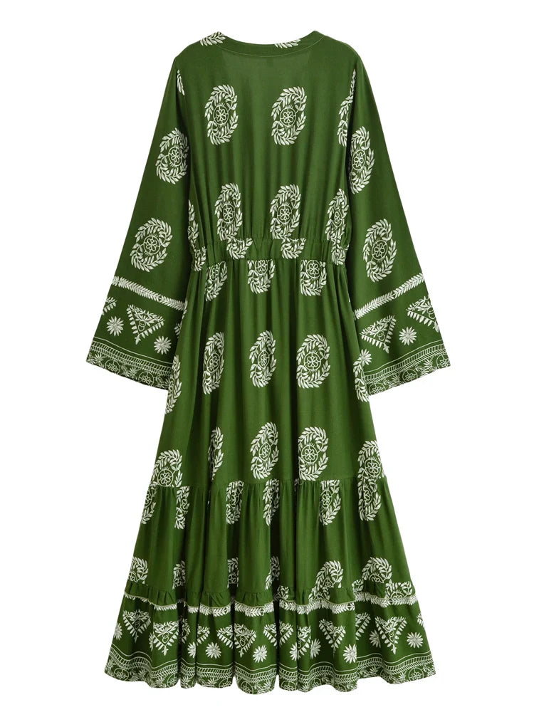 Sagewood Green Boho Floral Print Maxi Dress