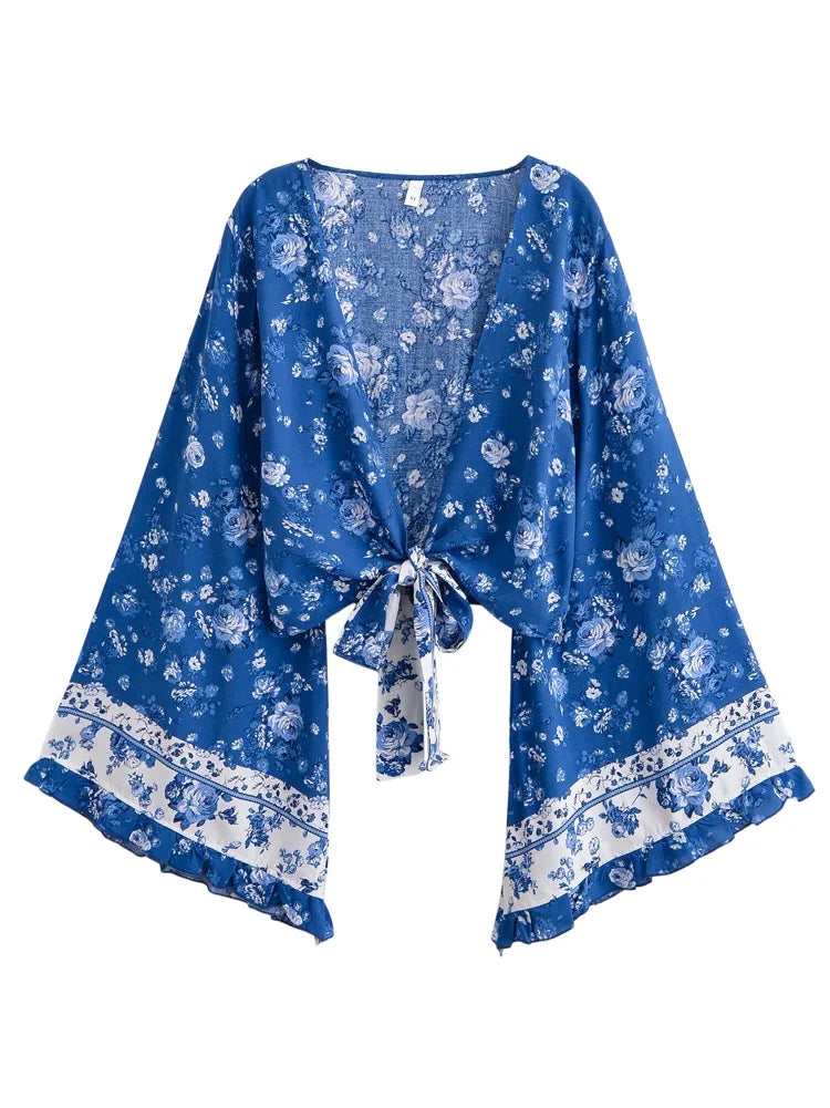 Blue Rose Dreams Boho Floral Print Long Sleeve Crop Top