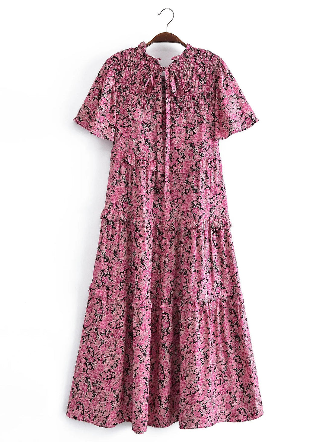 Rose Pink Boho Floral Print Midi Dress