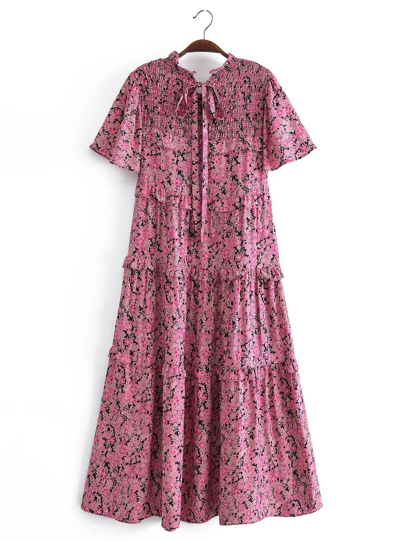 Rose Pink Boho Floral Print Midi Dress