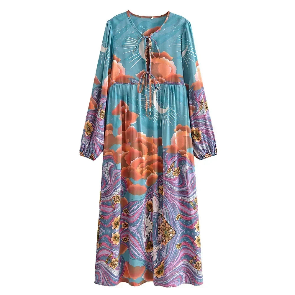 Moonstruck Teal Boho Floral Print Long Sleeve Maxi Dress