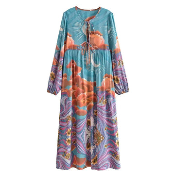 Moonstruck Teal Boho Floral Print Long Sleeve Maxi Dress