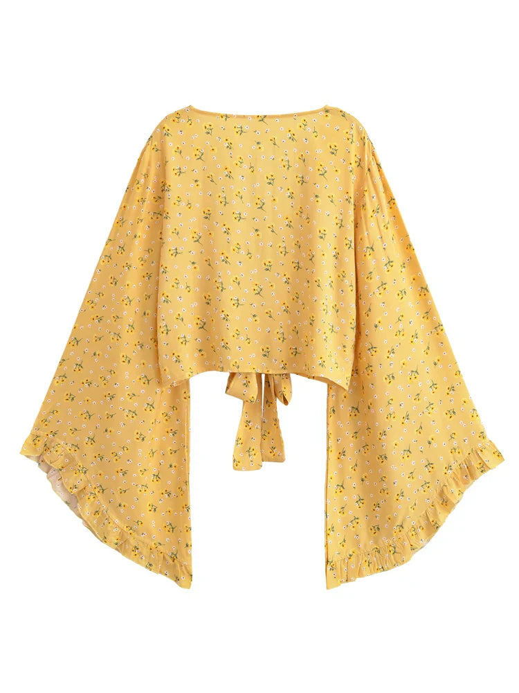 Buttercup Bloom Boho Floral Print Long Sleeve Crop Top