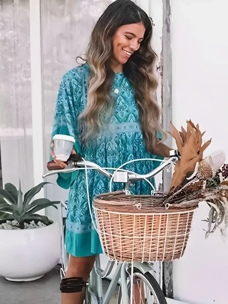 Blossom Blues Boho Floral Babydoll Mini Dress