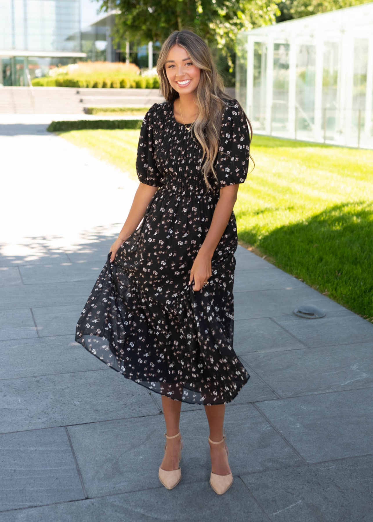 Zaylie Black Floral Smocked Dress