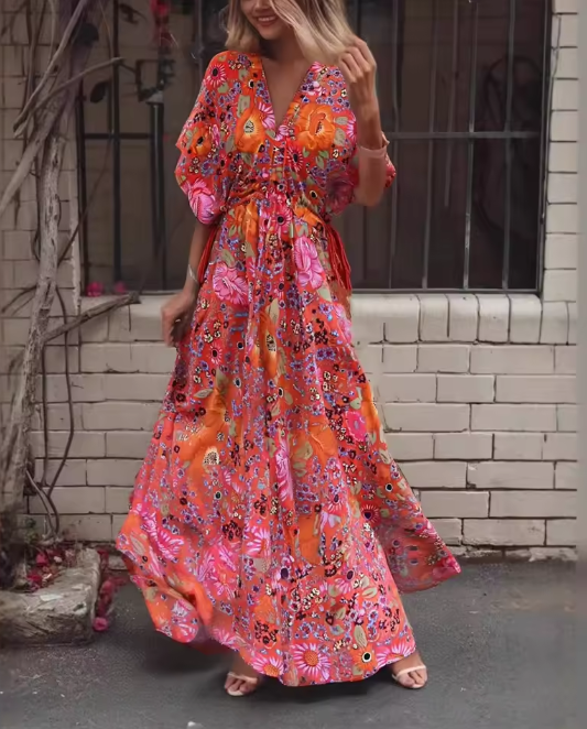 Calypso Berry Floral Boho Floral Print Midi Dress