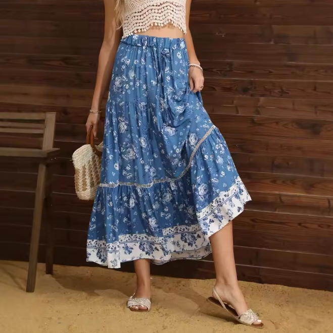 Cottage Blue Floral Print Boho Maxi Skirt