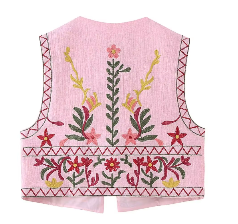 Pink Bouquet Boho Floral Embroidered Vest
