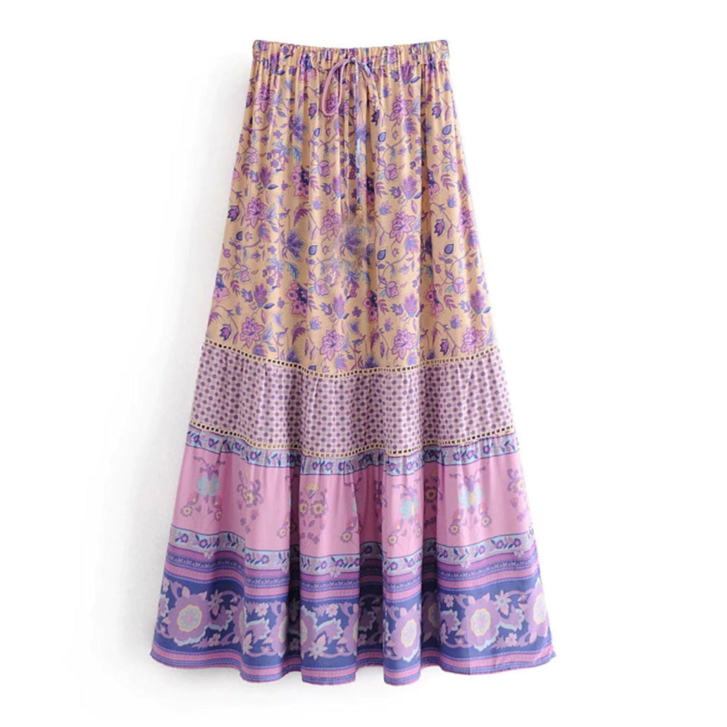 Lavender Falls Floral Print Boho Maxi Skirt