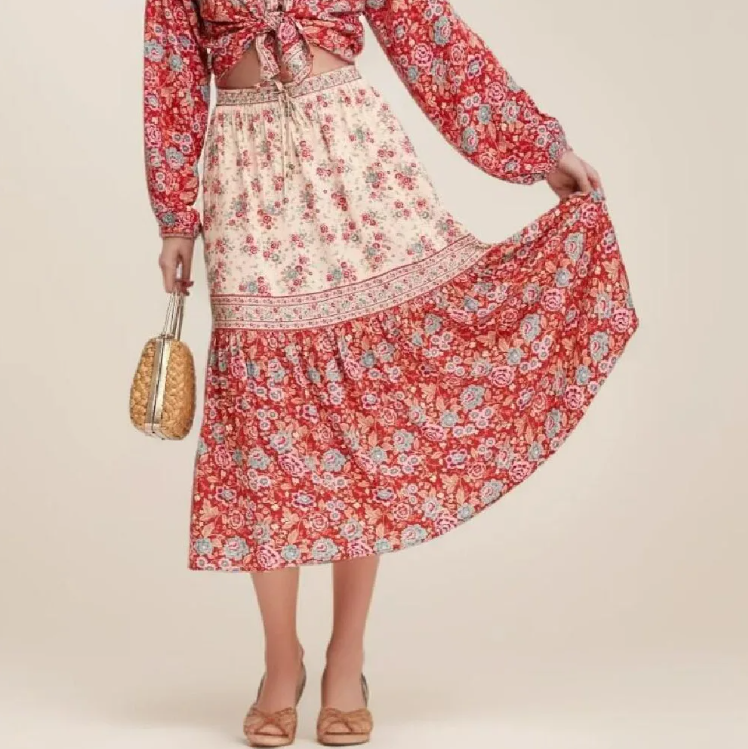 Red Rosebud Boho Floral Print Midi Skirt