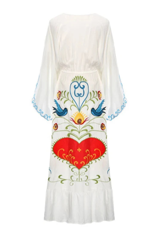 Whimsical Heart Floral Embroidered Maxi Dress